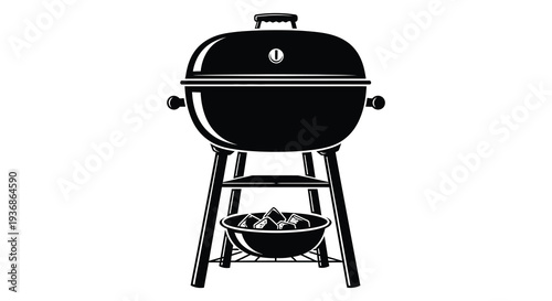 A black and white illustration of a classic round charcoal grill with open lid high quality