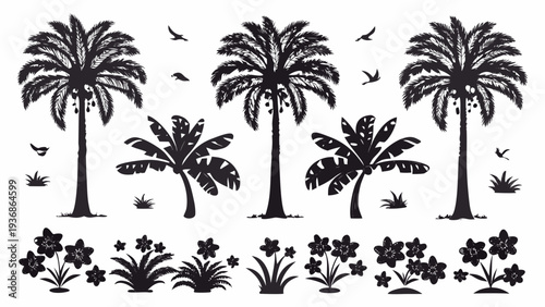 Tropical palm trees and flowers in black silhouette on white