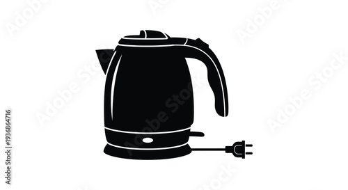 A black silhouette of an electric kettle with a plug isolated on a white background