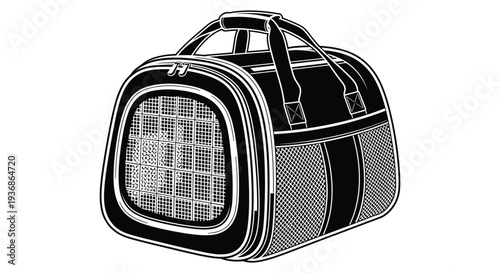 A black and white illustration of a pet carrier bag with mesh sides and a handle high quality