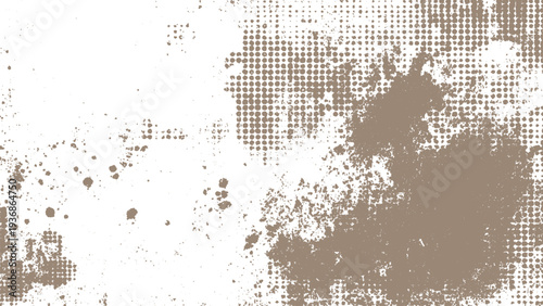 Grunge texture with beige halftone dots and splatters on transparent background