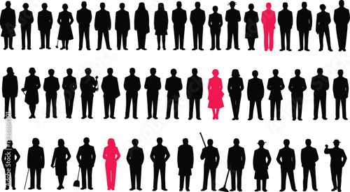 Black silhouette collection of professional people in rows with specific individuals highlighted in pink for recruitment leadership individuality and social demographic population concepts.