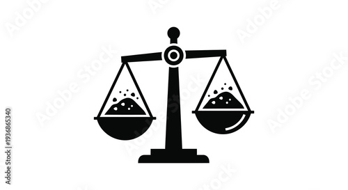 A black silhouette of traditional balance scales with equal amounts of material in each pan