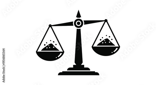 A black and white illustration depicts a traditional balance scale with unevenly distributed weights high quality