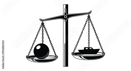 A scale depicts an imbalance a heavy ball contrasts with a small boat on opposing sides