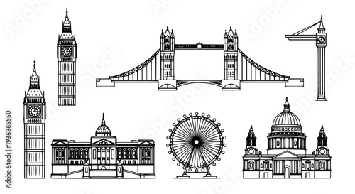 London Landmarks Line Art Vector Set – Famous UK Architecture Outline Icons EPS 10