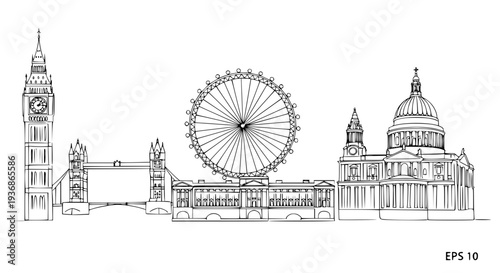 London Landmarks Continuous Line Art Vector – Famous UK Skyline Illustration EPS 10