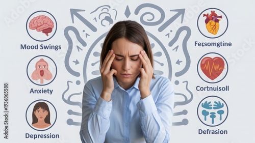 Stressed young woman experiencing headache, surrounded by circular icons representing mental health issues like mood swings, anxiety, depression, and medication names