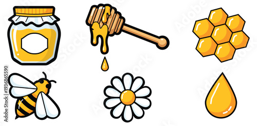Honey bee icon set with jar dipper honeycomb flower and drop sticker style for organic food branding digital design