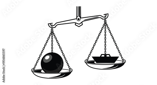 A balance scale depicts an uneven weight distribution between a sphere and a boat high quality