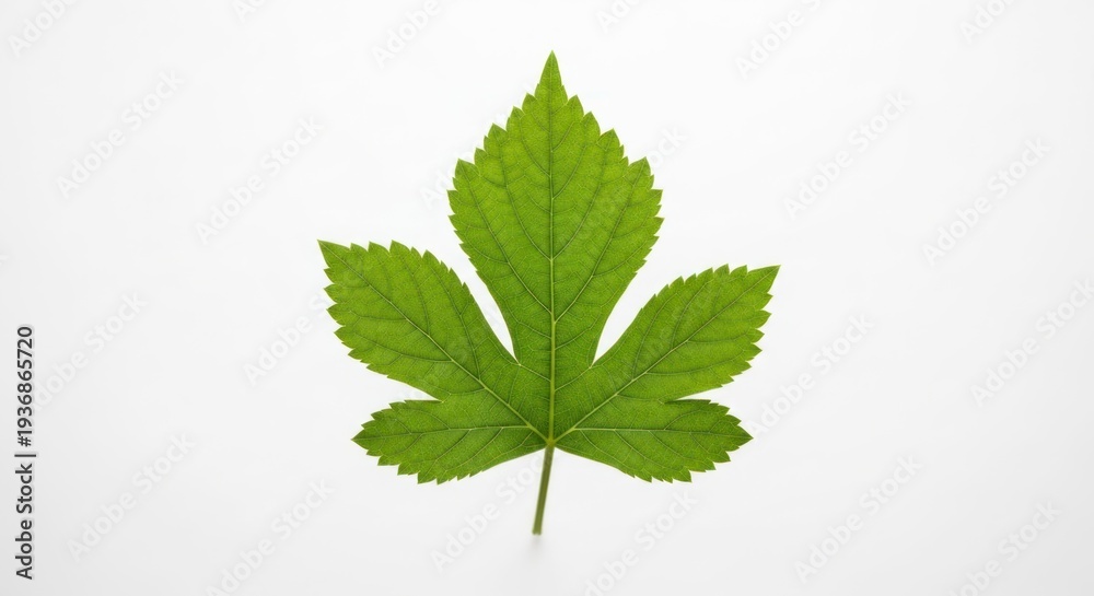 Fototapeta premium Single green leaf, serrated edges, centered on white
