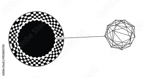 Geometric illustration depicting a checkered circle transforming into a connected polyhedral structure high quality professional detailed