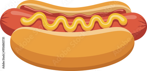 Classic grilled hot dog with yellow mustard in a soft bun isolated on white for fast food menu concession stand and summer barbecue concepts.