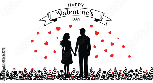 A valentine s day illustration featuring a silhouetted couple holding hands amidst hearts and floral elements