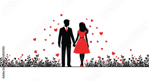 Silhouetted couple holding hands amidst a cascade of hearts and floral greenery high quality professional detailed