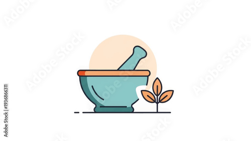 Mortar and pestle with herbal leaves. Pharmacy and natural medicine concept. Flat design vector icon