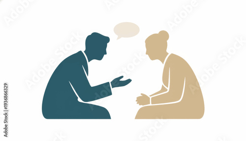 Doctor and patient consultation vector illustration. Minimalist flat design of therapy or counseling session. Healthcare communication concept with speech bubble.
