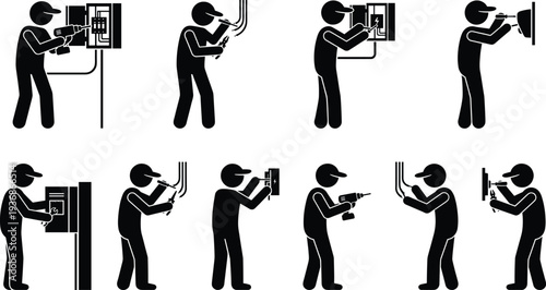 Electrician silhouettes set, electrical engineer fixing circuit breaker box, wiring, lighting, industrial maintenance workers with tools, power supply repair for stock vector illustration