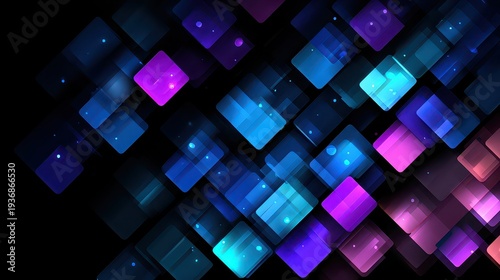 Abstract Glowing Squares in Blue and Pink on a Black Background Shiny Geometric Pattern with Lighting Effects Technology Backdrop for Graphic Design
