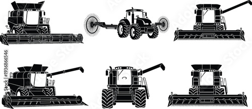Combine Harvester And Tractor Agricultural Machinery Silhouette Set Farming Equipment Harvest Machine Vector Illustration Collection