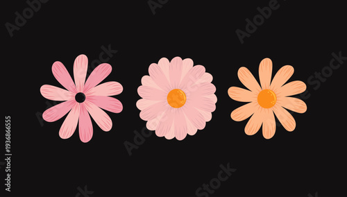 Cute daisy flower illustration with pink petals and yellow center, cheerful floral design commonly used for greeting cards, decoration, and spring themes.