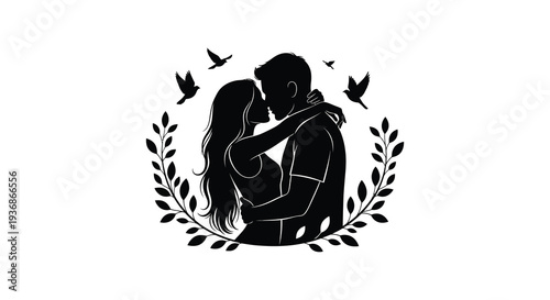 A silhouetted couple embraces tenderly surrounded by birds and a leafy wreath design high quality professional