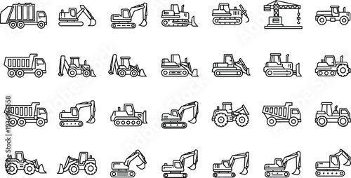 Construction Machinery Line Icon Set Excavator Bulldozer Dump Truck Crane Heavy Equipment Vector Illustration Collection