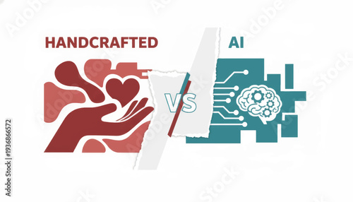 Handcrafted versus AI comparison concept. Human creativity vs artificial intelligence vector illustration. Torn paper split design