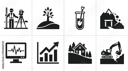 Geotechnical engineering and land surveying icons set with surveyor tools excavator digging soil landslide monitoring house on hill forest and data growth charts