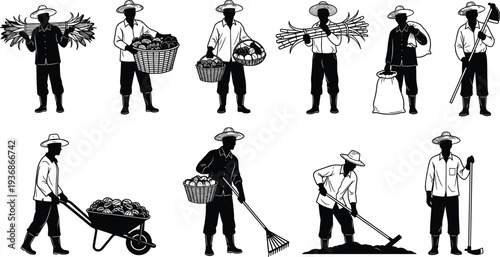 Farm Workers Silhouette Collection Harvest Laborers With Baskets Tools Wheelbarrow Rural Agriculture Farming Activities Vector Illustration Set