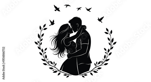 A couple embraces in a silhouette framed by a wreath of leaves and accompanied by flying birds