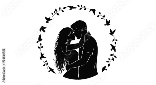 A silhouette of a couple embracing intimately surrounded by birds and foliage high quality professional detailed