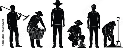Farm Workers Silhouette Set Planting Harvesting And Gardening Rural Agriculture Labor Vector Illustration Collection