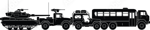 Military Vehicles Silhouette Set Tank Armored Truck Transport Bus Army Equipment Vector Illustration Collection