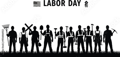 Labor Day Workers Silhouette With Construction Tools American Flag Celebration Industry Workforce Vector Illustration