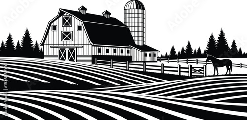 Rural Farm Landscape With Barn Silo Horse And Plowed Fields Countryside Agriculture Vector Illustration
