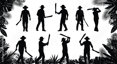 Sugarcane Farmers With Machetes Silhouette Tropical Agriculture Harvest Workers Vector Illustration Collection