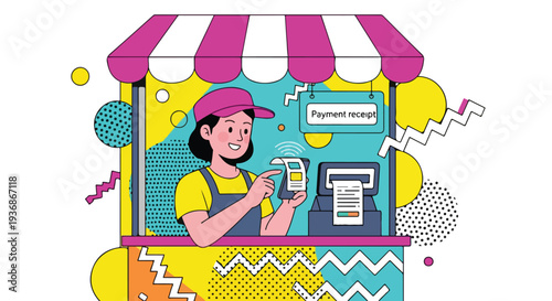 Woman working at a market stall, using a payment terminal for cashless transactions and receipts