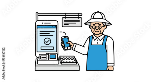 Elderly man using mobile payment at a market stall, illustrating cashless transactions and modern technology adoption by seniors.