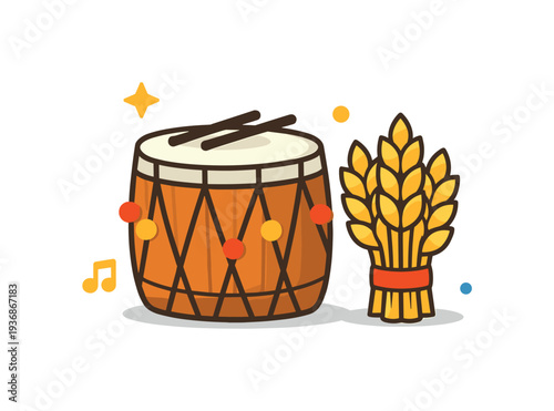 Dhol drum and wheat sheaf with musical notes and stars, festive celebration concept