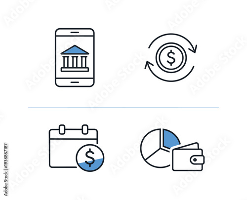 Financial icons set for mobile banking, currency exchange, budgeting, and payments