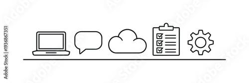Digital workflow icons: laptop, chat bubble, cloud, checklist, and gear