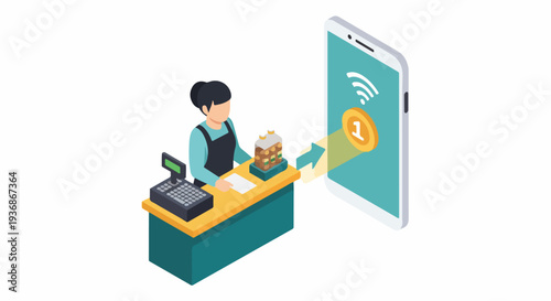 Isometric illustration of a cashier processing a mobile payment transaction at a retail store. Digital currency transfer via smartphone, e-commerce, and contactless payment concept.