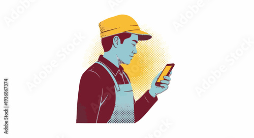 Young man in yellow cap and apron deeply engrossed in his smartphone. Illustrates modern digital communication, online work, and technology use. Retro style artwork.