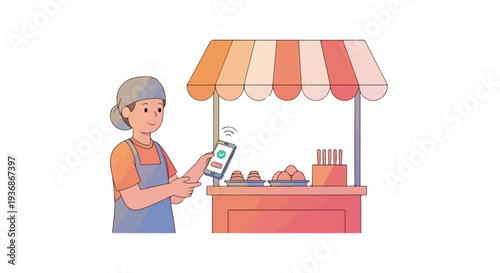Smiling street food vendor processing mobile payments at her bustling stall. Digital transactions enhance small business operations and customer convenience.