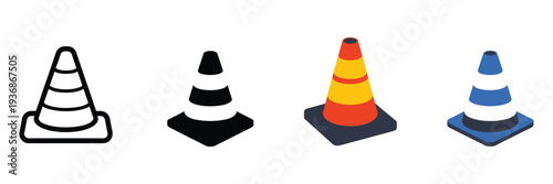 Traffic cone icon set including road construction, traffic safety, and hazard warning symbols