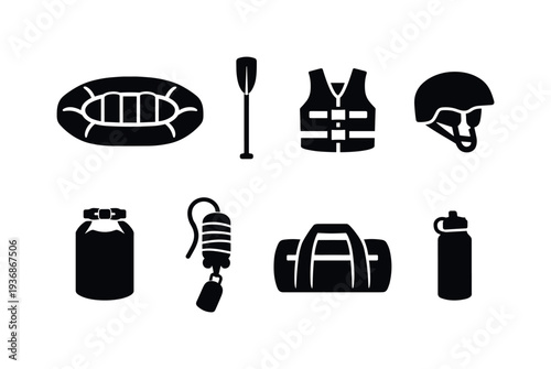 Collection of black icons representing rafting and outdoor adventure gear on a white background