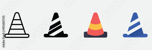 Traffic cone icon set for road construction, traffic safety, and hazard warning signs, vector illustrations perfect for construction projects, roadwork signage, safety campaigns, and digital design