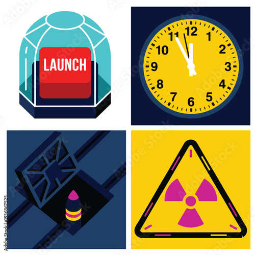 Nuclear Deterrence Doomsday Clock and Hazard Symbol Set