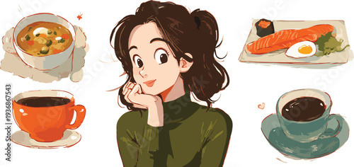 Girl enjoying drinks with healthy fruits in a colorful cartoon style